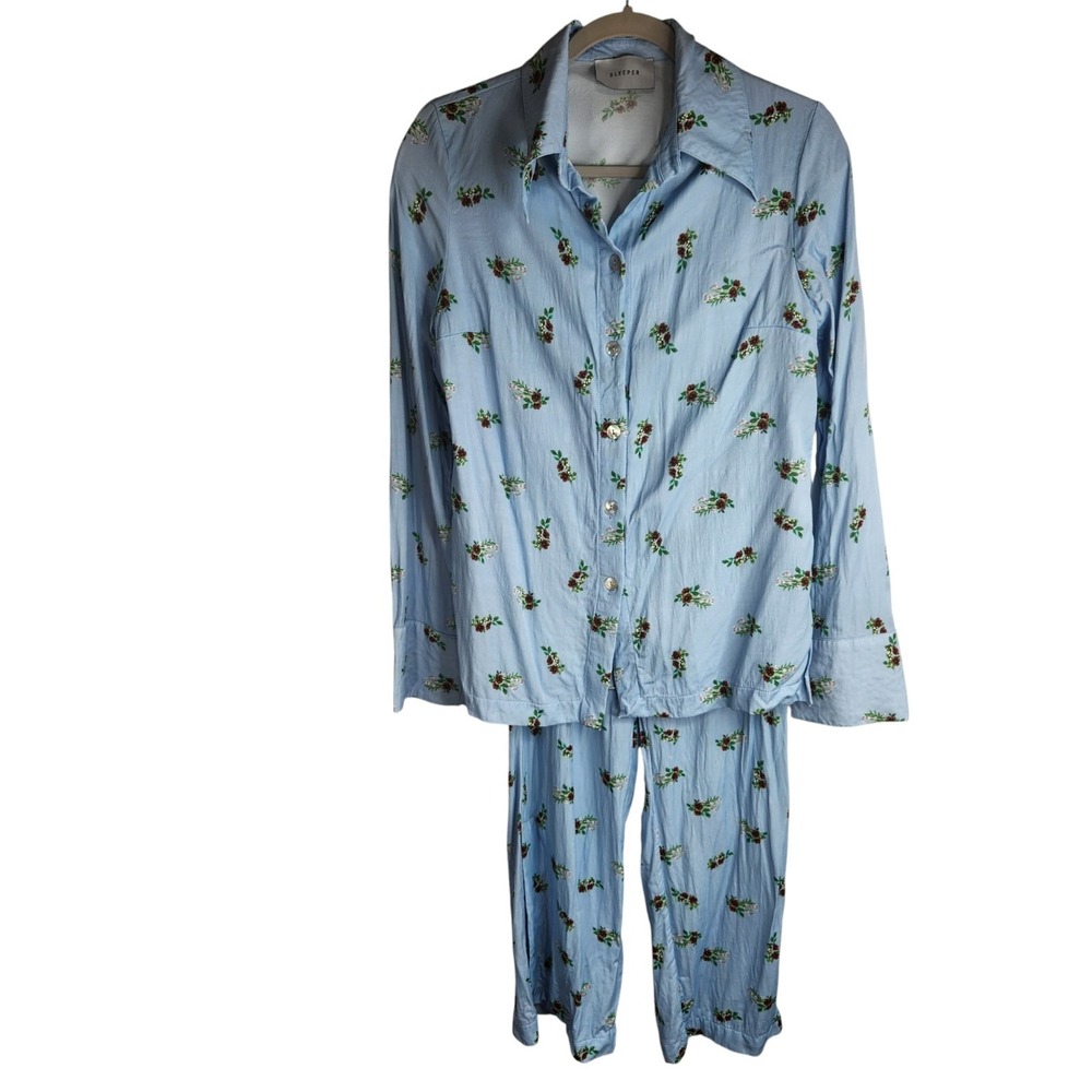 Sleeper Women's Floral Blossom‎ Satin Pajama Set Light Blue Small Top XS Bottom